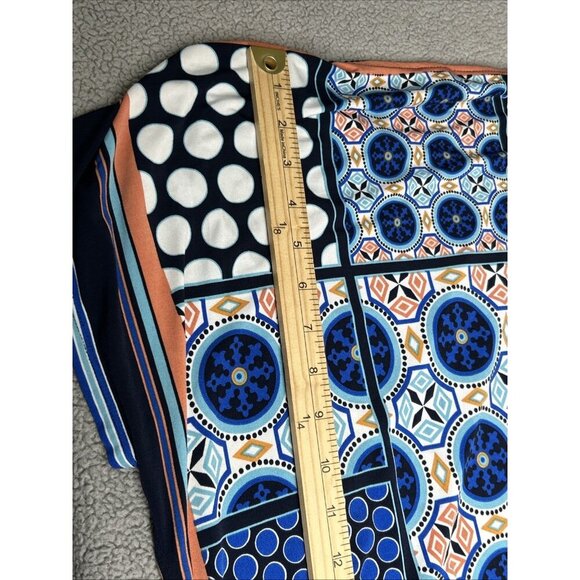 Chicos 2 Top US L/12 Blue Orange Geometric Stretch Dolman Ruched Office Church - Picture 11 of 12